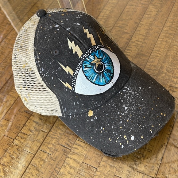 Handpainted Evil Eye Baseball Cap with Breathable Mesh adjustable Pony Tails